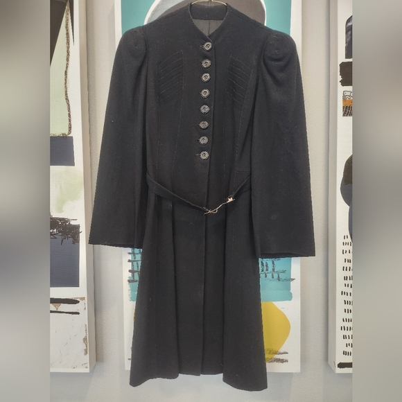 Vintage 1930s Union Made Princess Coat Black Wool Blend With Belt - Picture 7 of 13
